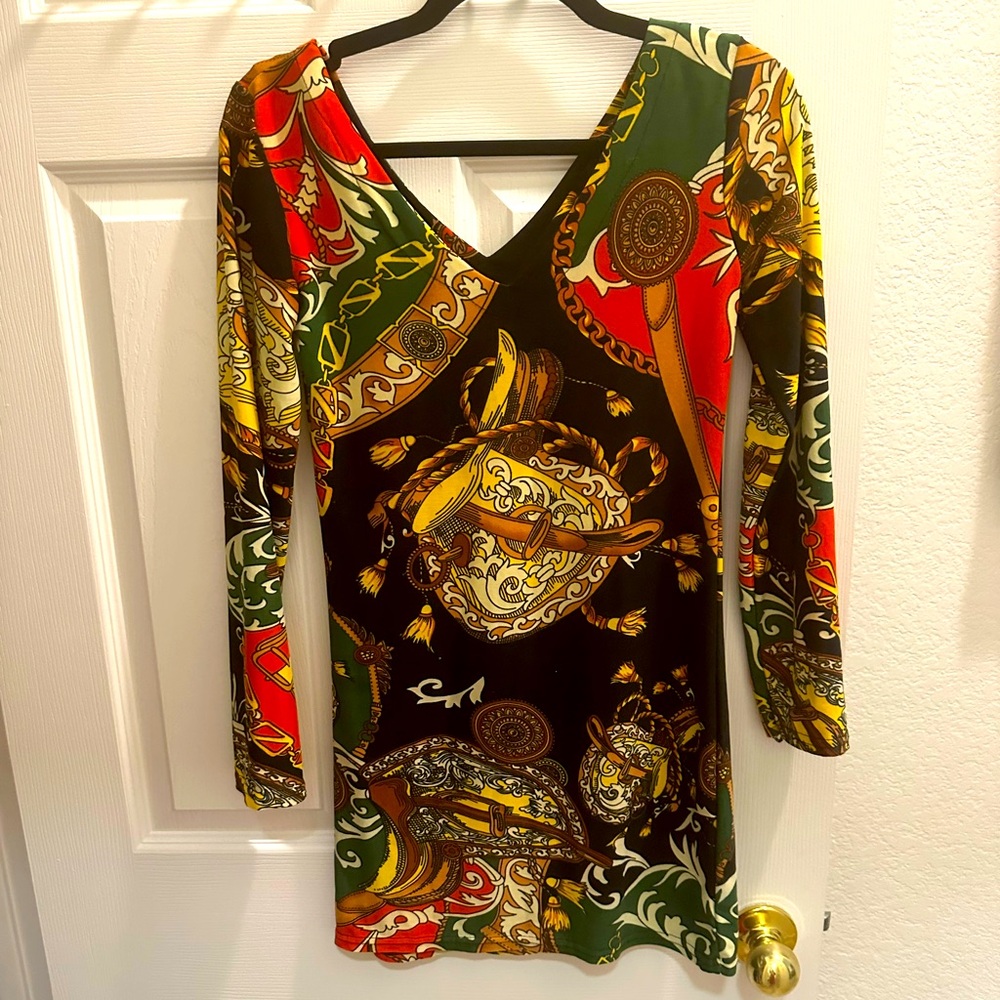 Multicolored long sleeve mini dress size small unique print